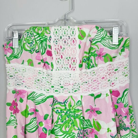 LLILLY PULITZER | Floral Strapless Pink Green Dress Lace Trim Women’s Size 2 - Picture 3 of 8